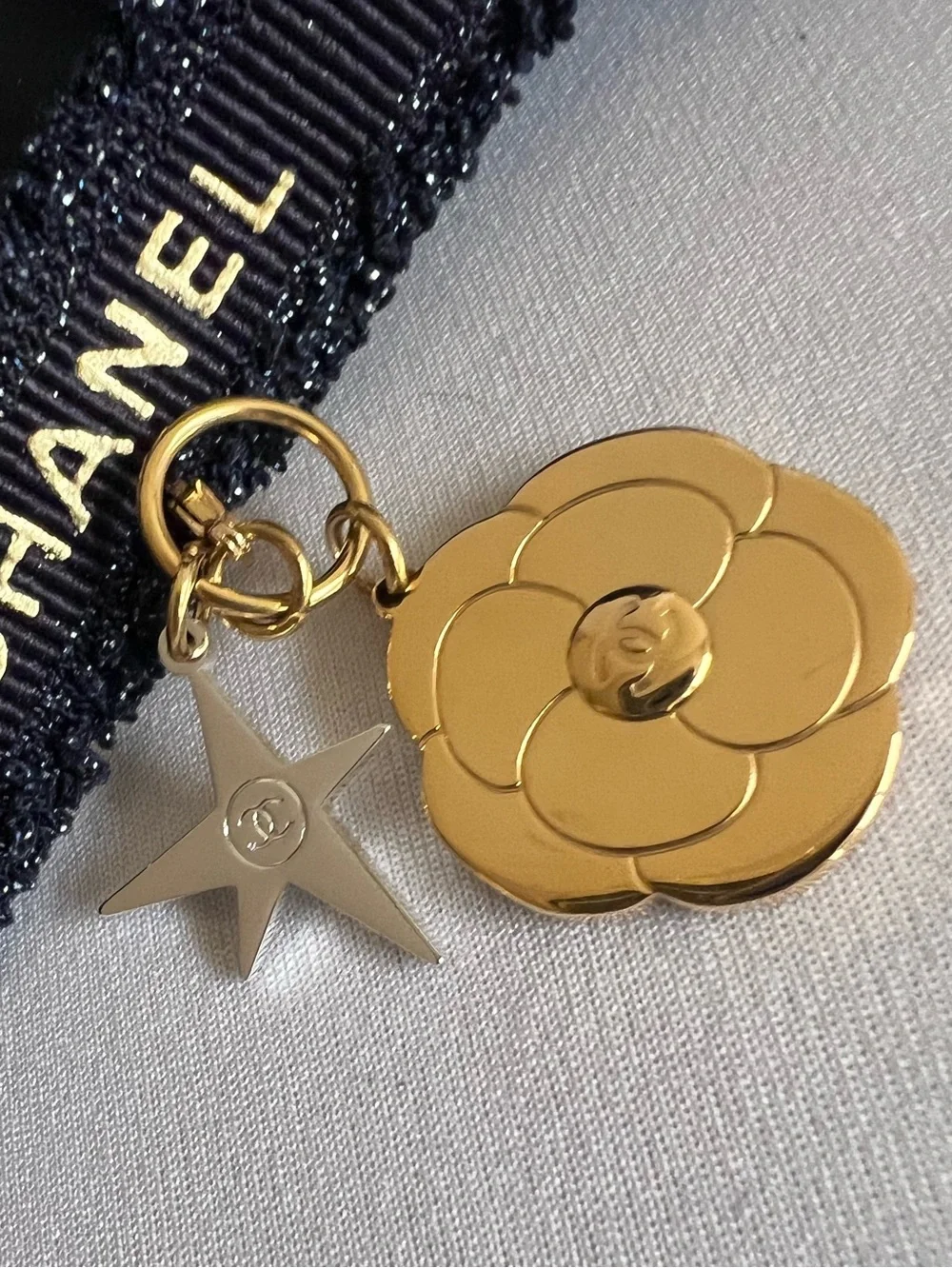 CHANEL Blue Ribbon Rope Charm Gold Camellia with silver Star New